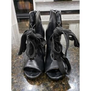 Just Fab Ankle Wrap Booties Women's 8 Black Leather Harper Peep Toe Back Zip